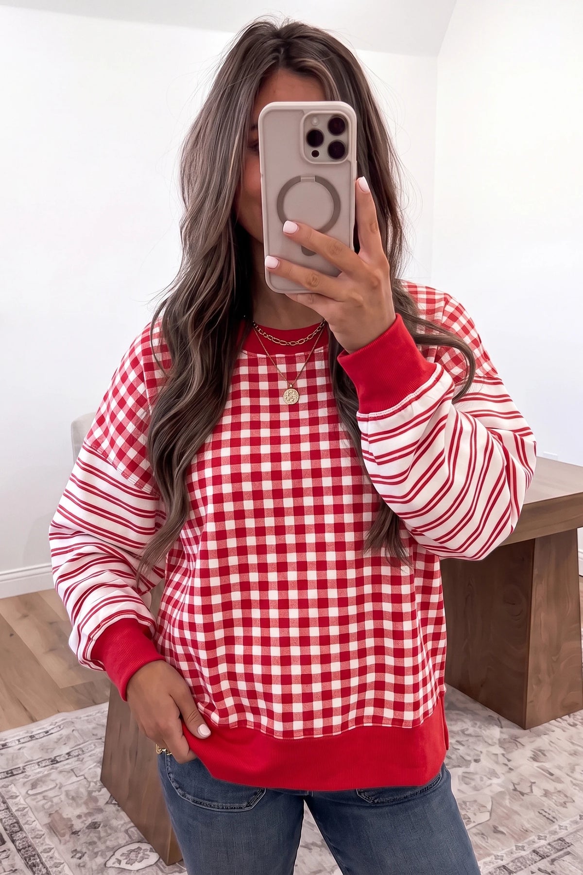 Brown Plaid Striped Patchwork Long Sleeve Casual Top