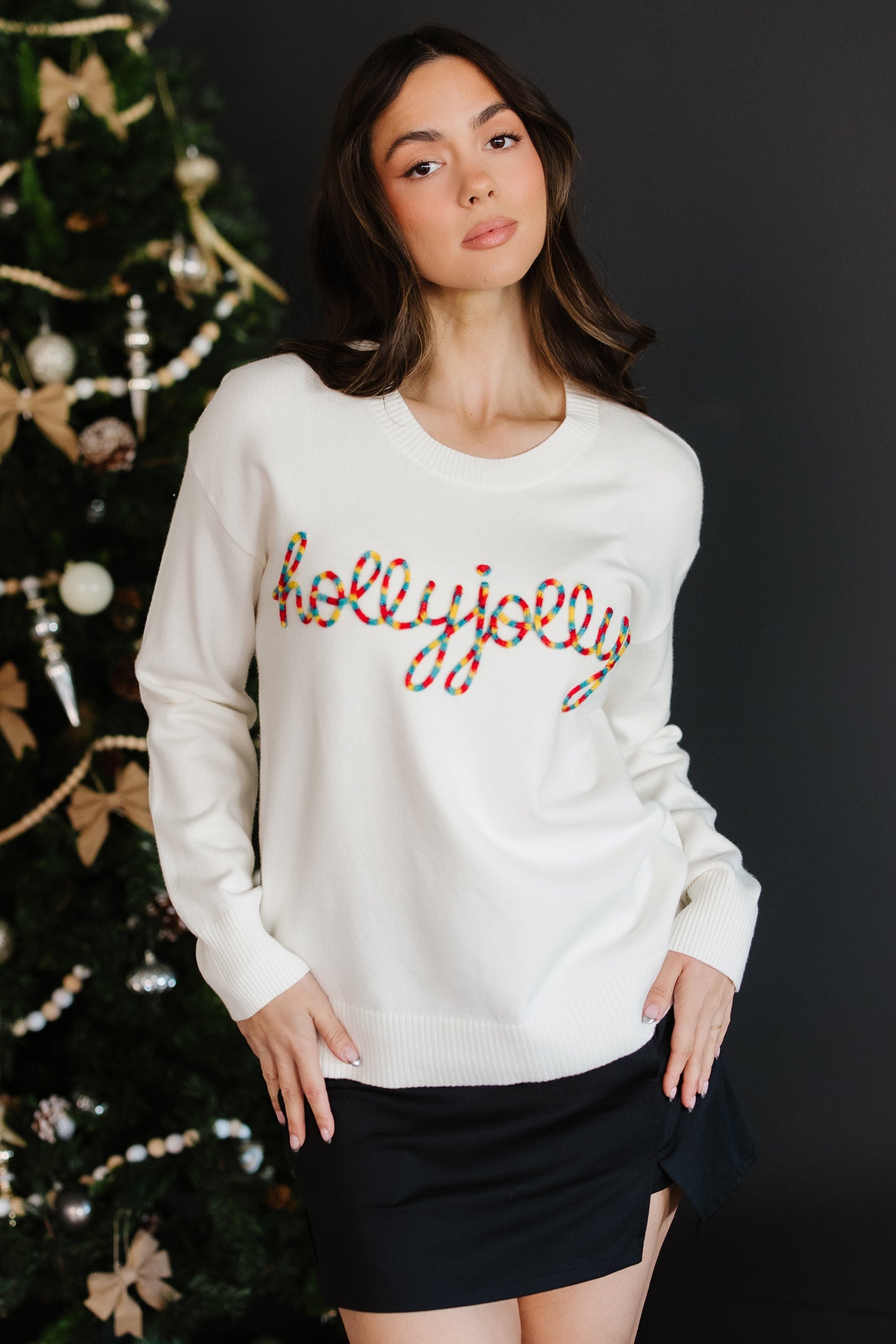 Beige Colorful Holly Jolly Christmas Knit Loose Sweater