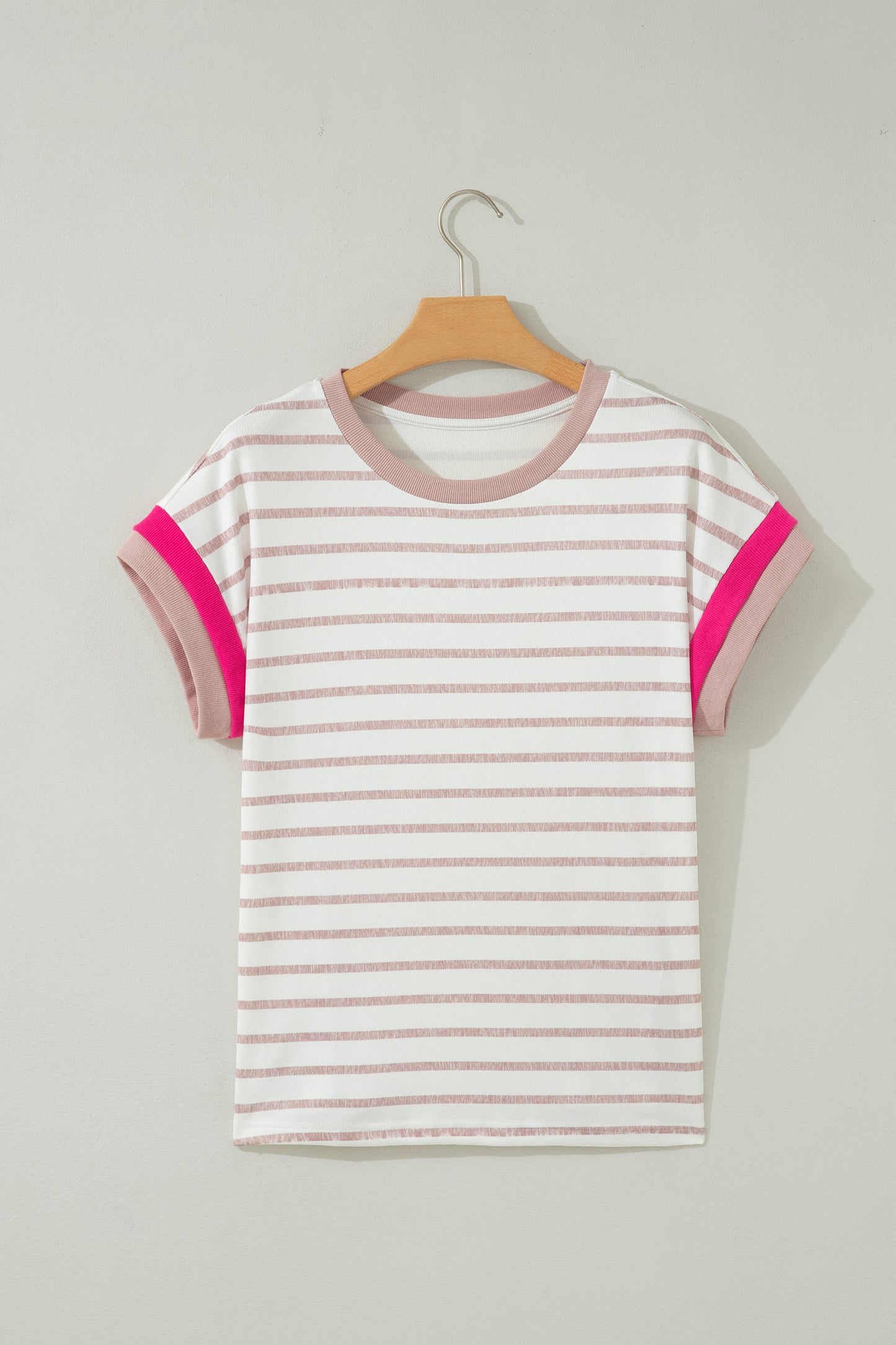 Khaki Stripe Color Block Trim Round Neck Short Sleeve Top