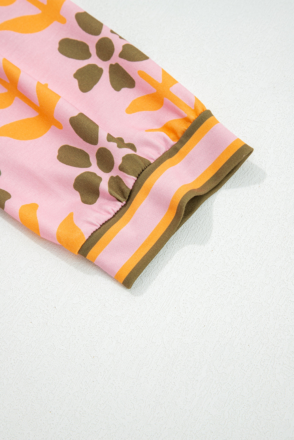 Pink Floral Print Zip Neck Striped Patchwork Long Sleeve Drawstring Dress