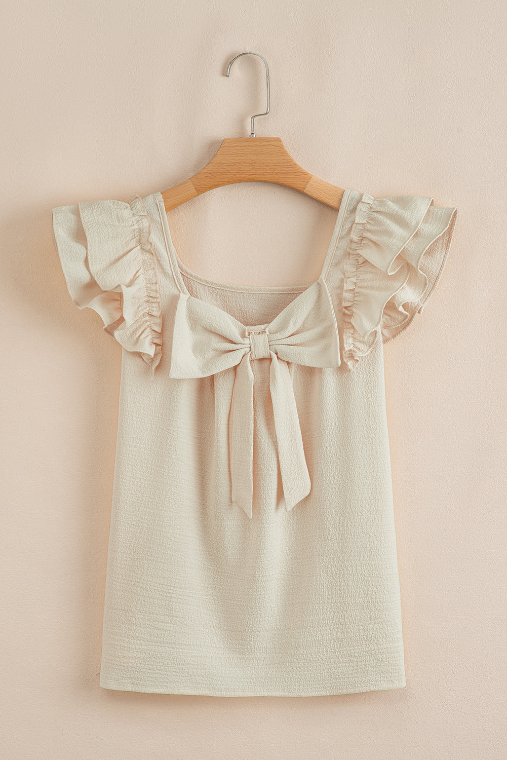 Gossamer Pink Textured Bow Knot Frilled Butterfly Sleeve Blouse