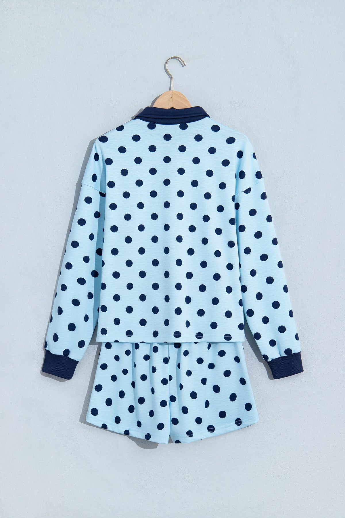 Pink Polka Dot Drop Shoulder Polo Loose Pullover Patch Pocket Casual Shorts Set