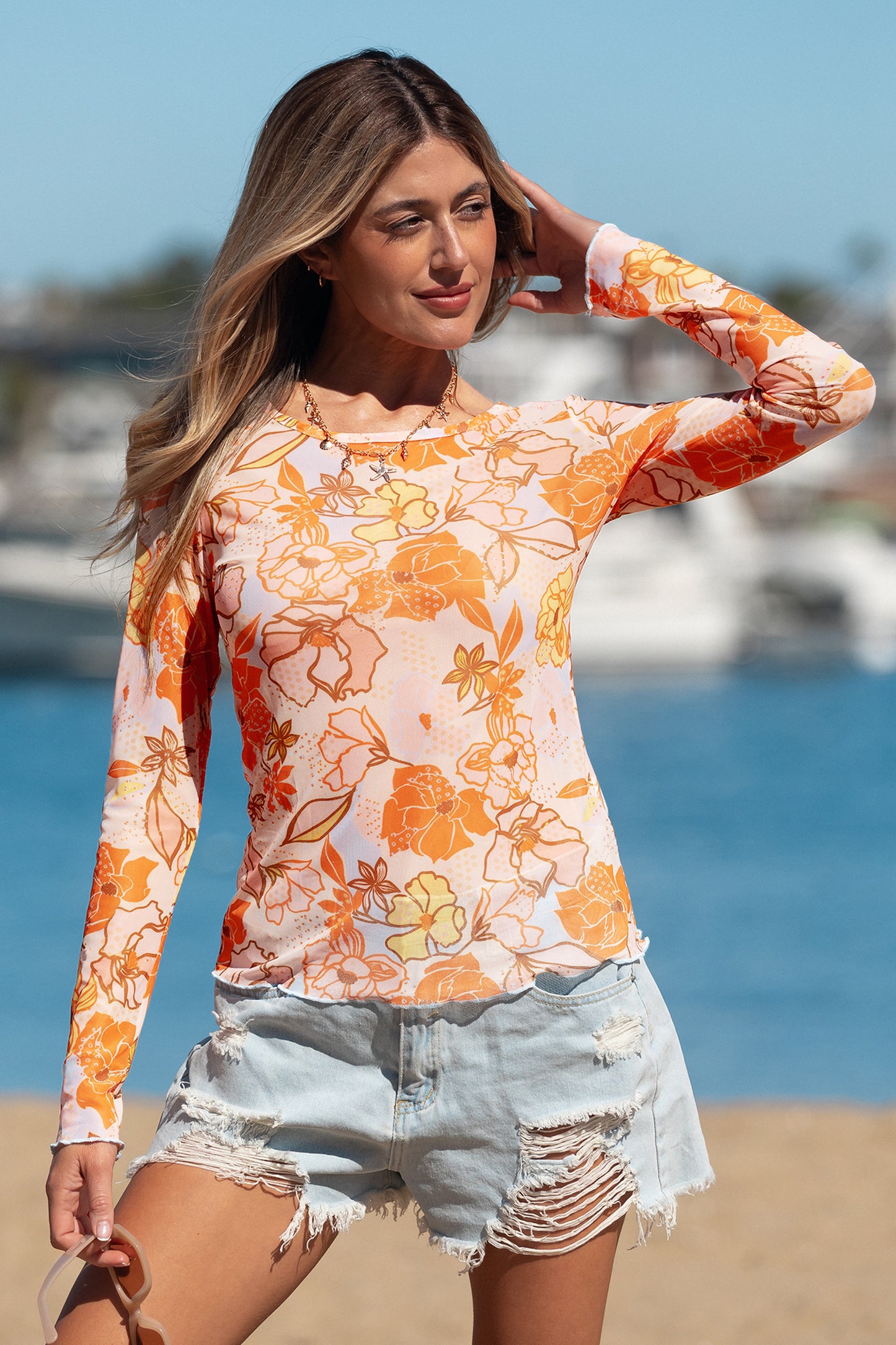 Multicolour Floral Print Lettuce Trim Slim Long Sleeve Top