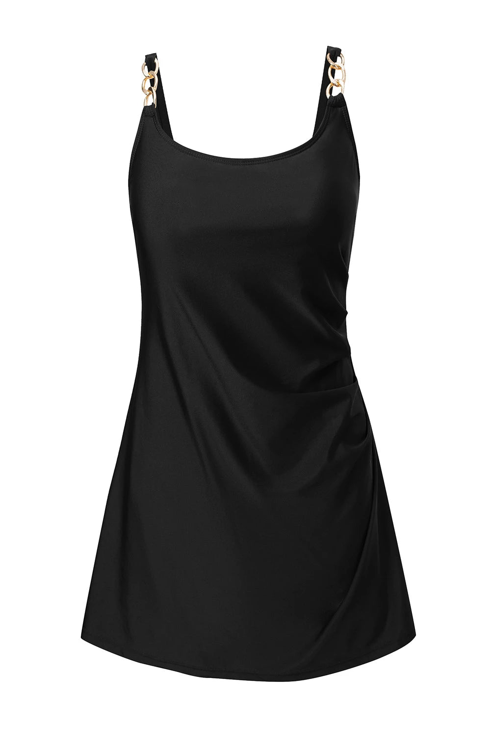 Black Grommet Shoulder Strap Pleated Swim Dress