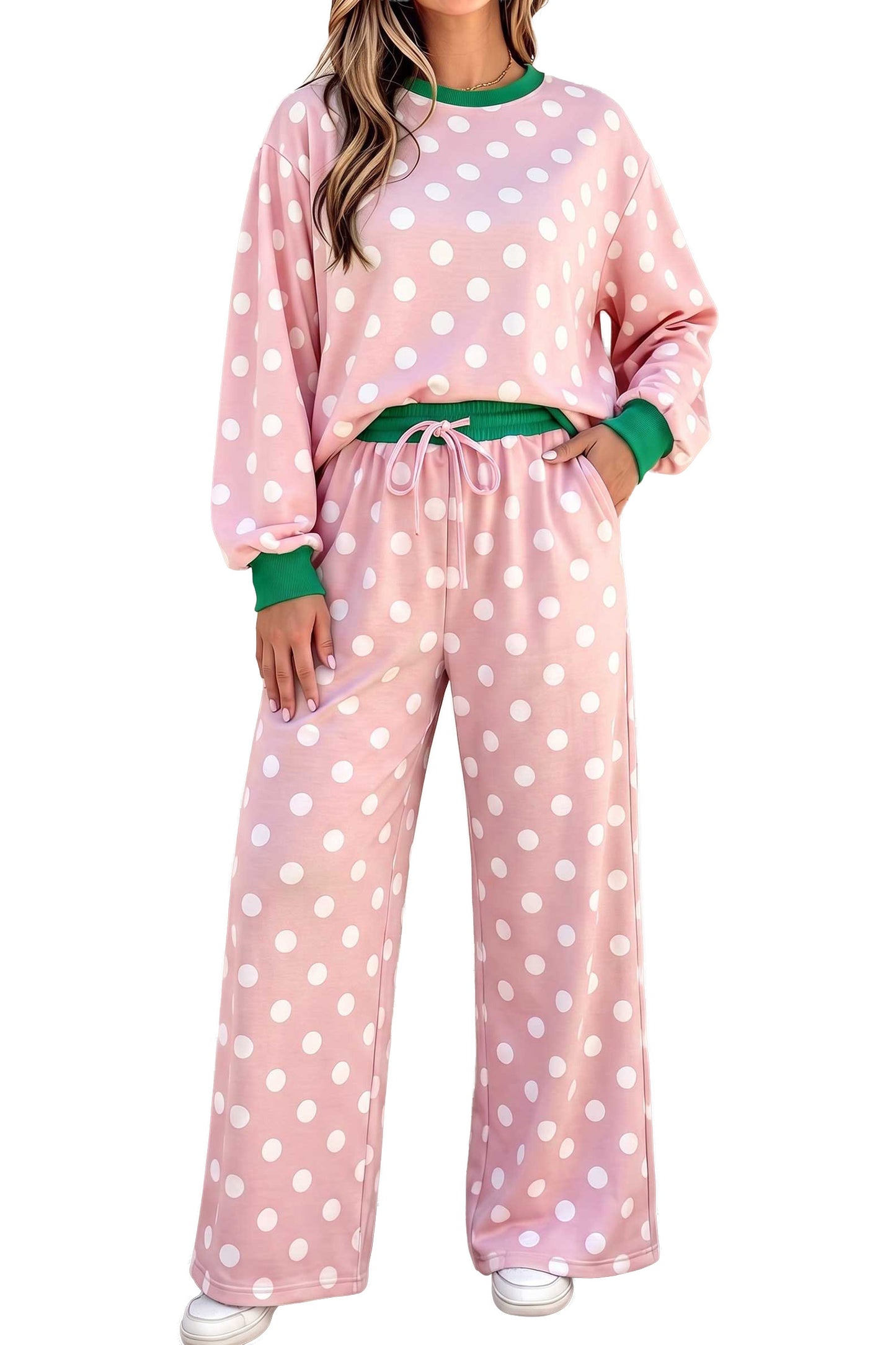 Khaki Polka Dot Contrast Trim Long Sleeve Top Drawstring Shift Pants Set