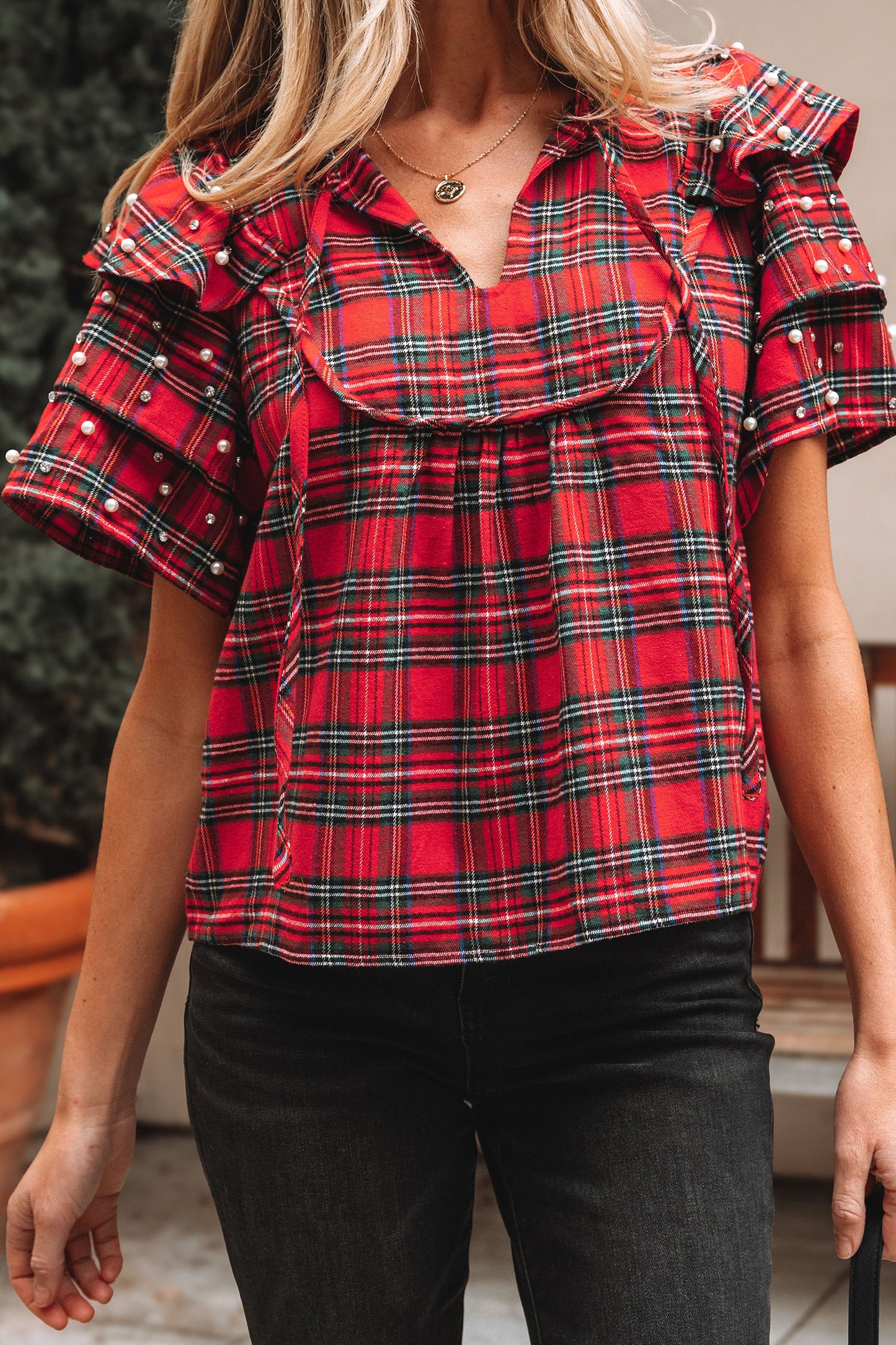 Red Festive Plaid Pearl Embellished Ruffle Short Sleeve Blouse
