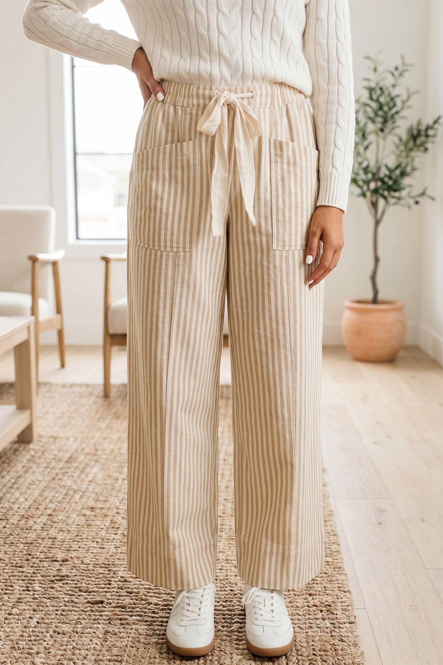 Apricot Stripe Ribbon Drawstring Waist Full-Length Shift Pant