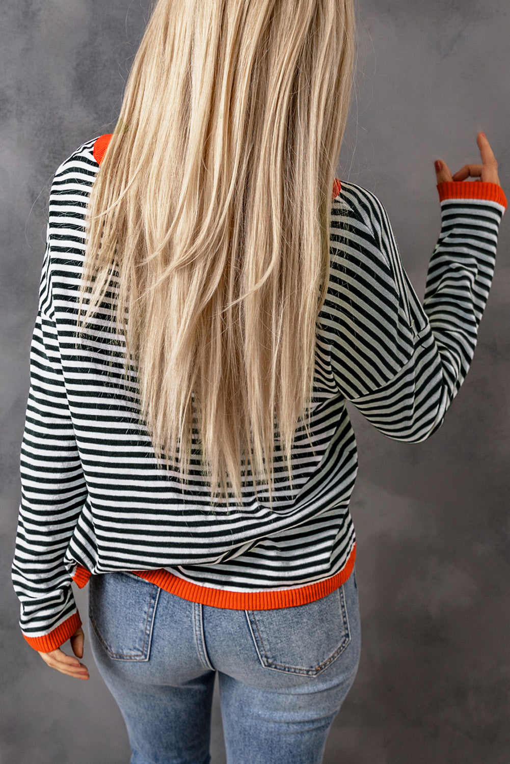 Contrast Trimmed Striped Drop Shoulder Sweater