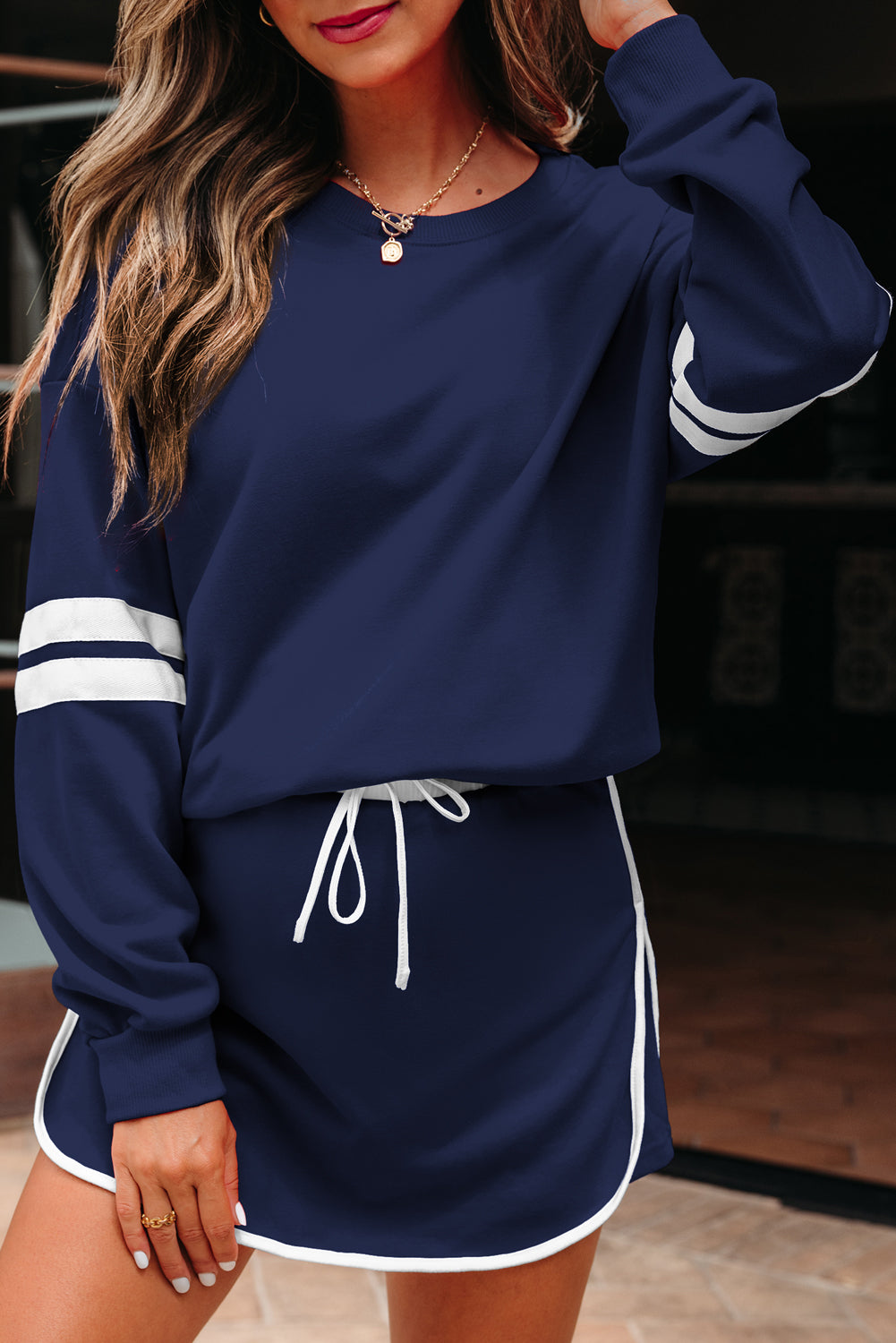 Orange Varsity Stripe Detail Drop Shoulder Pullover Mini Skirt Set