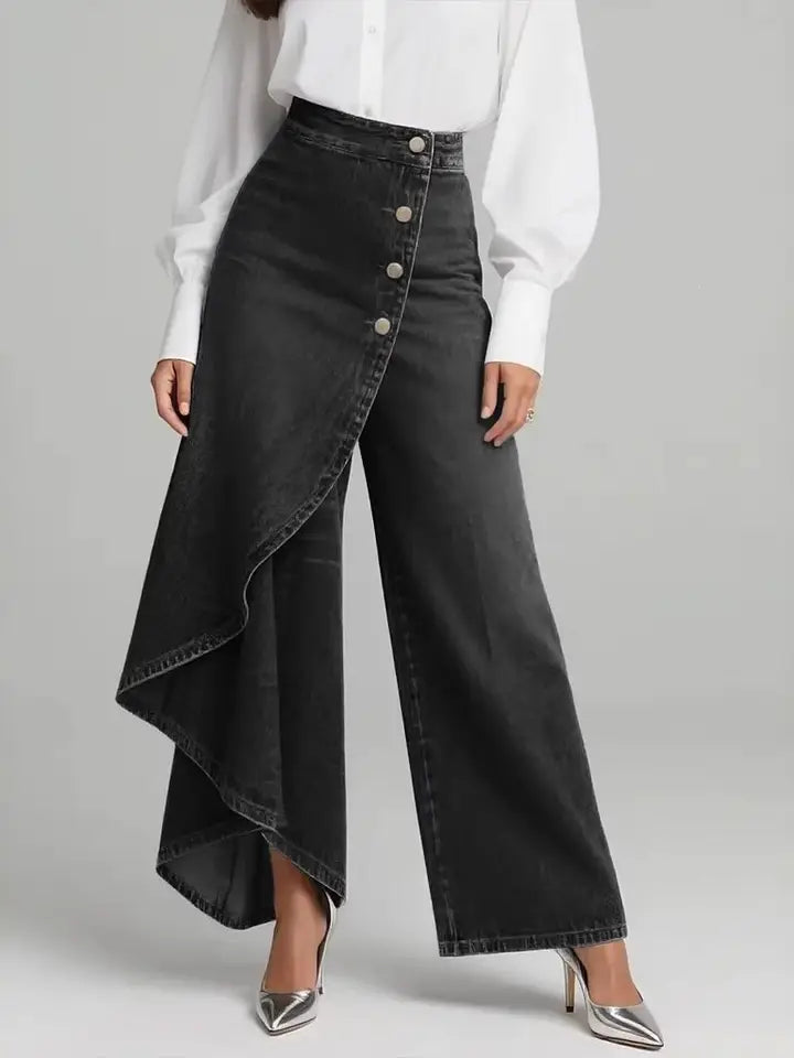Solid Denim Wide Leg Pants Asymmetric Wrap High Waist Jeans