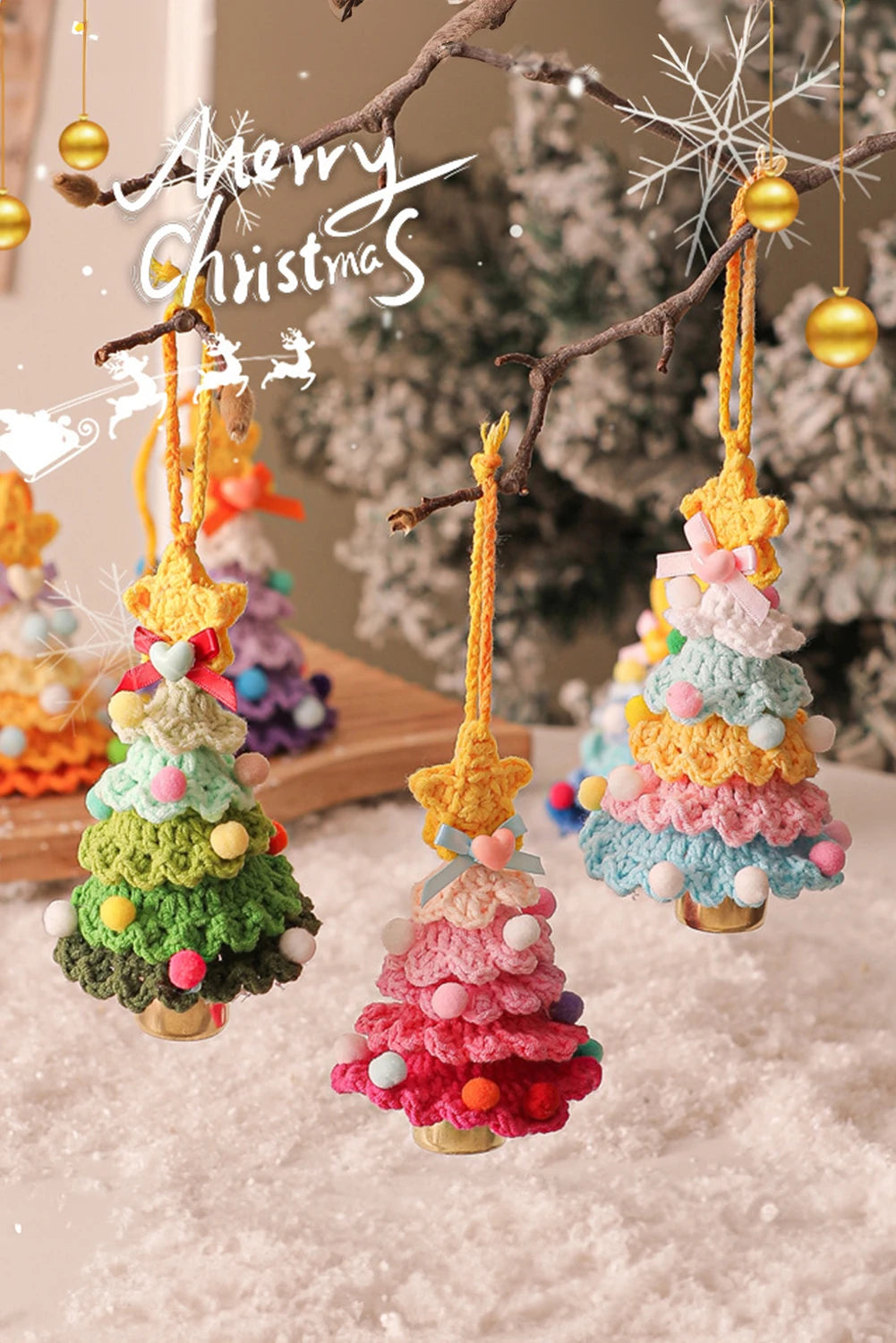 Spinach Green Handmade Crochet Christmas Tree Jingle Bell Home Hanging Decoration