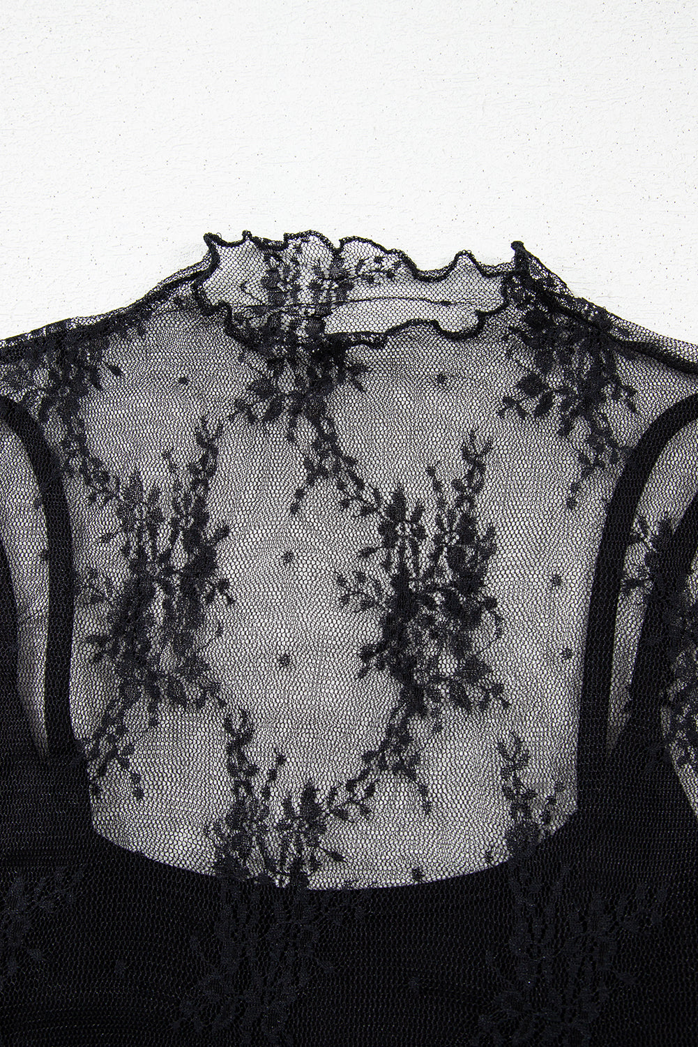 Black Floral Sheer Mesh Short Sleeve Mock Neck Blouse