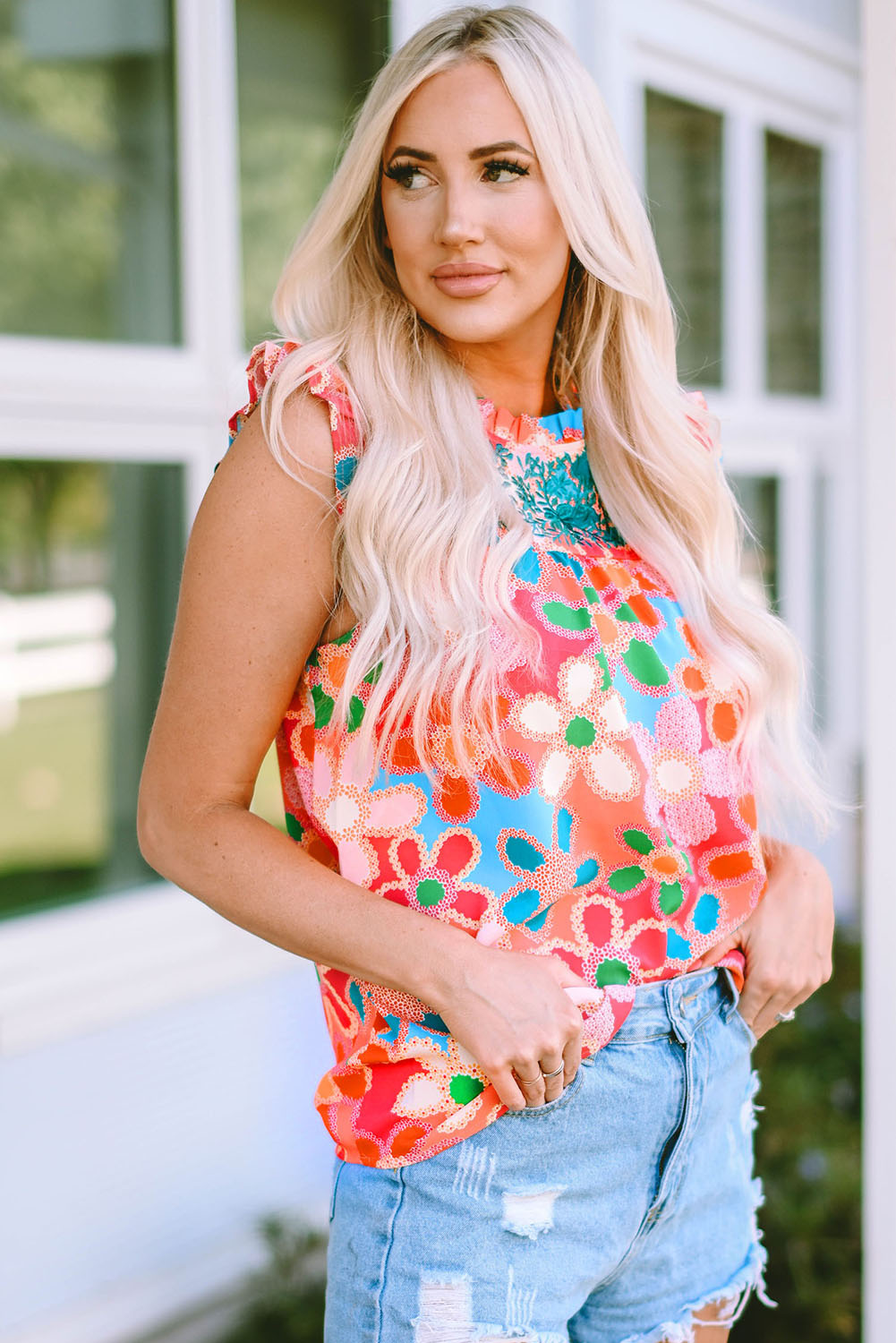 Embroidered Detail Floral Print Ruffle Trim Tank Top