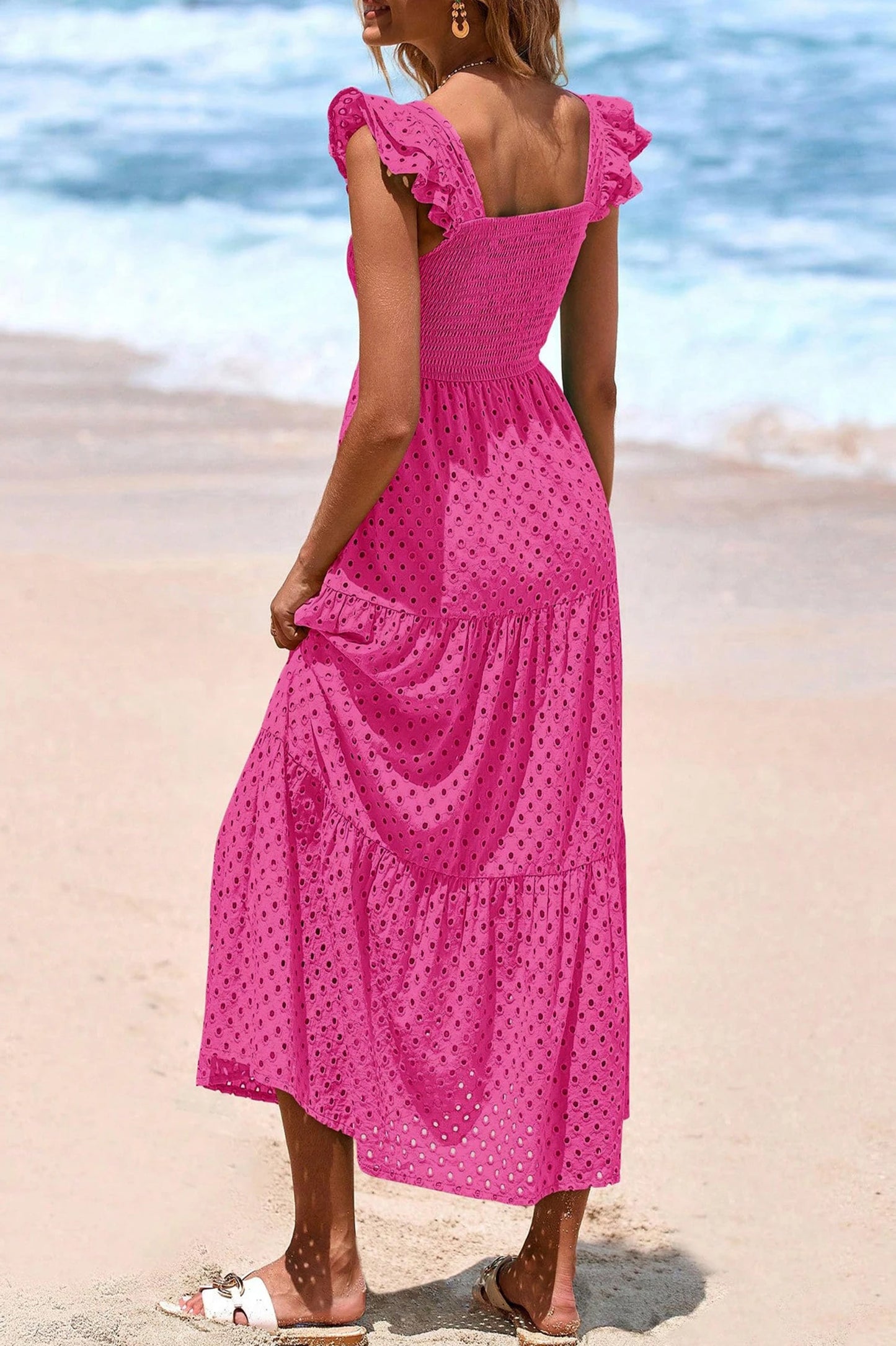 Bright Pink Embroidered Ruffled Sleeveless Tiered Maxi Dress with Pockets