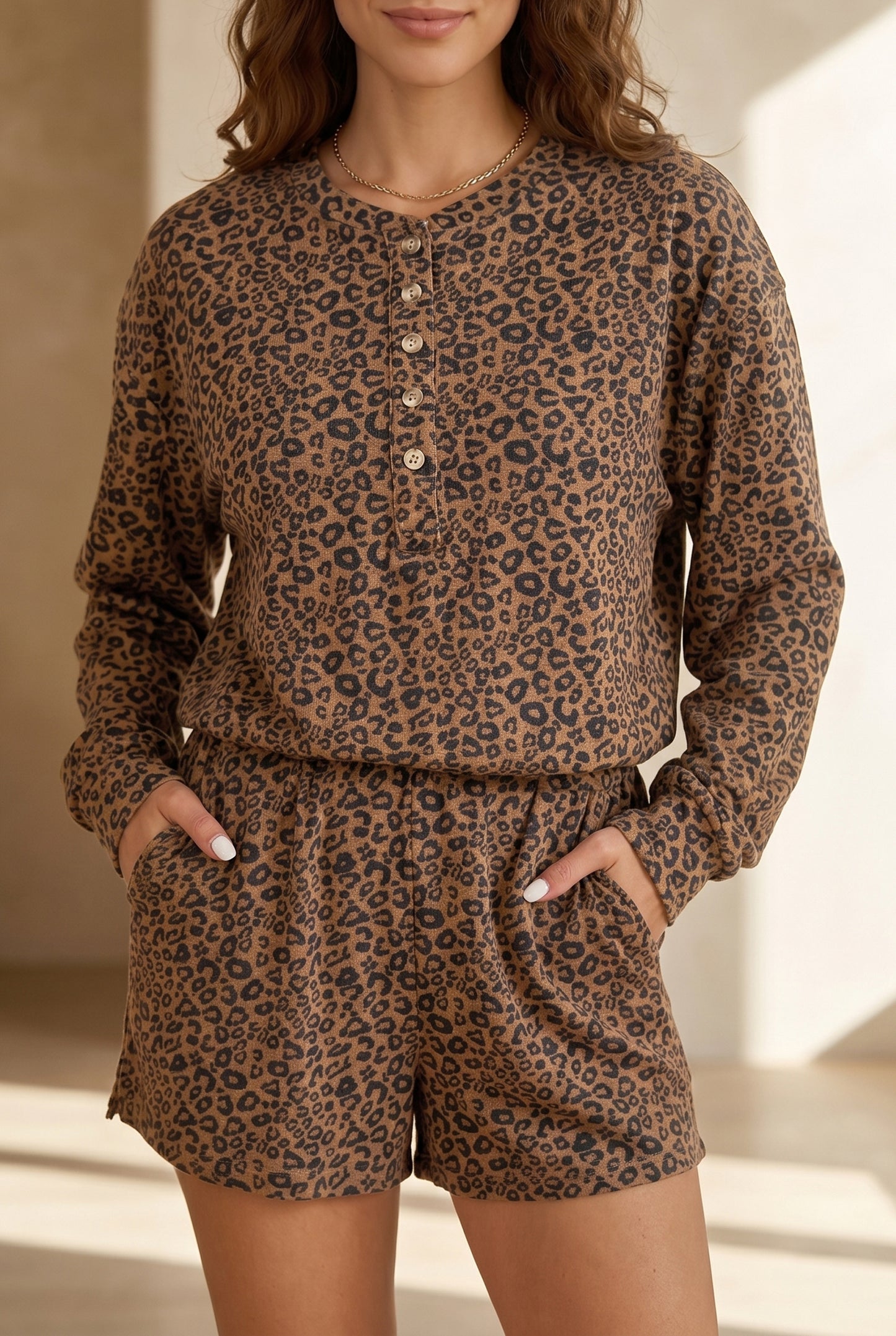 Brown Leopard Print Long Sleeve Henley Top Elastic Waist Shorts 2pcs Outfit