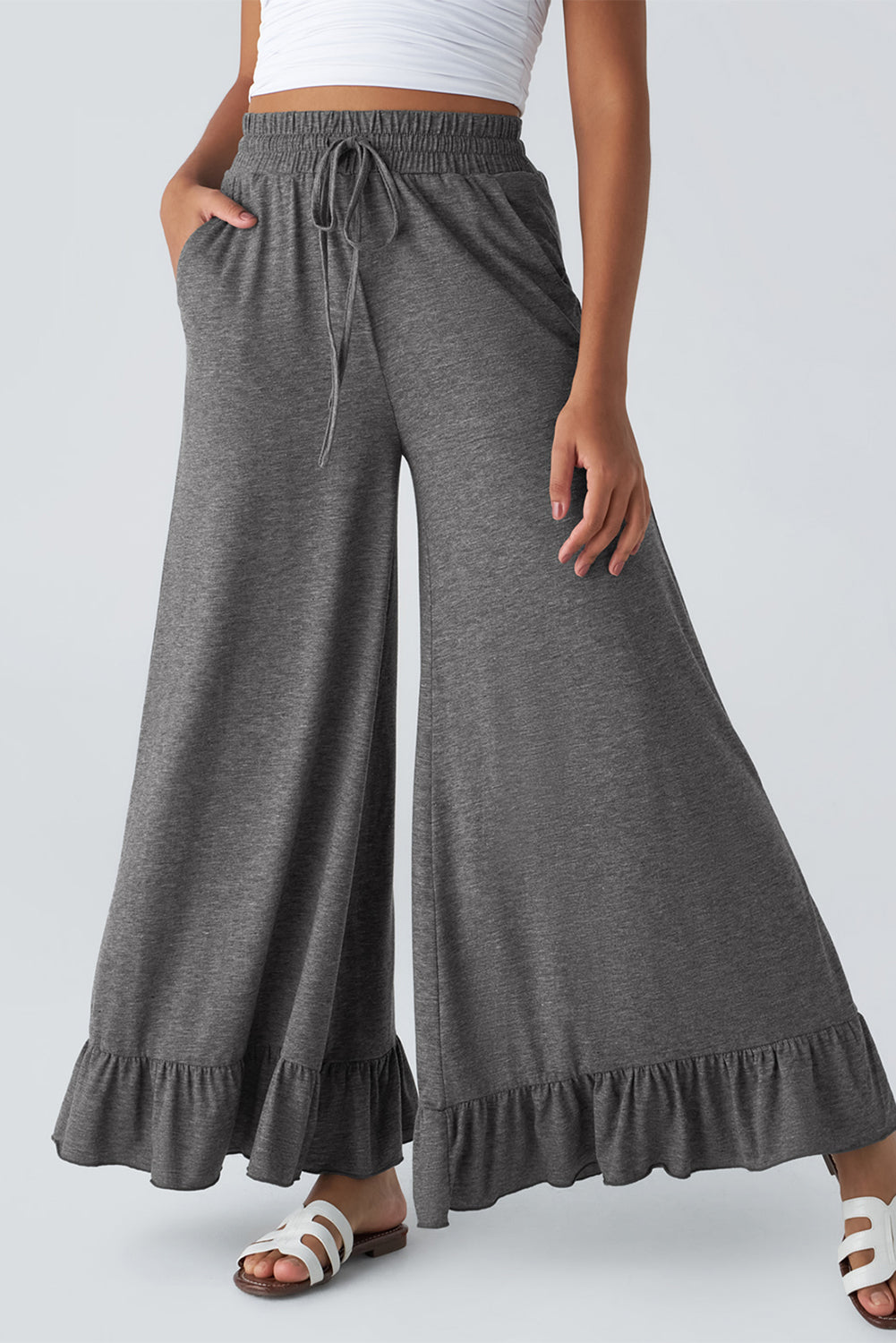 Wide Leg Pull On High Waist Pants with Pockets