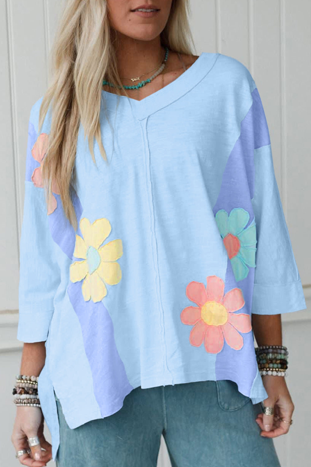 Green Flower Patched Exposed Seam Bracelet Sleeve Oversized T Shirt