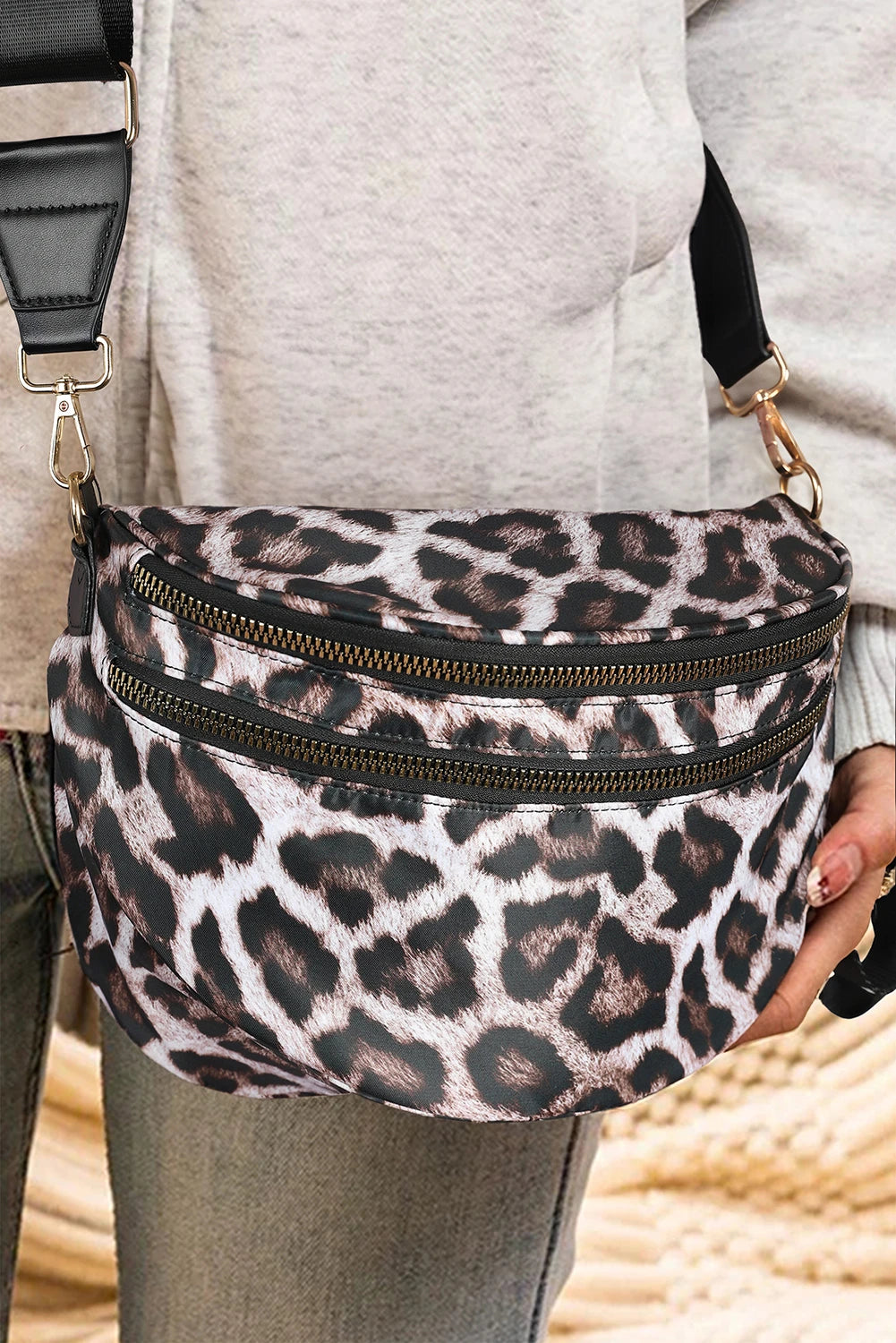 Print Gold Chain Strap Double Zipper Crossbody Bag