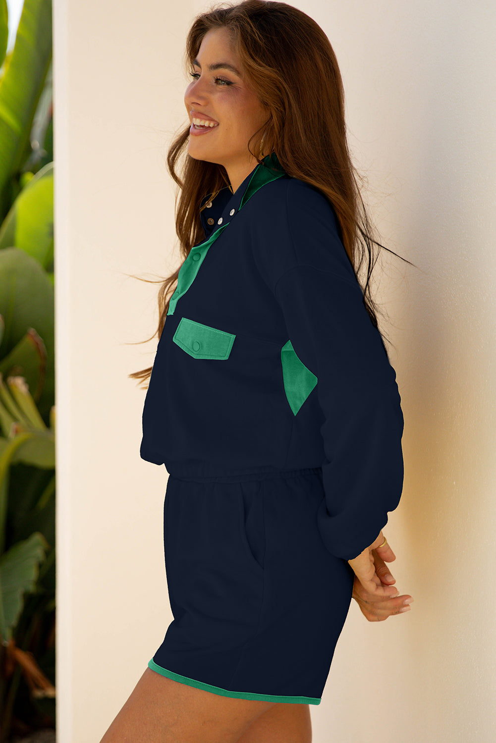 Yellow Color Block Patchwork Half Button Pullover and Shorts 2pcs Outfit