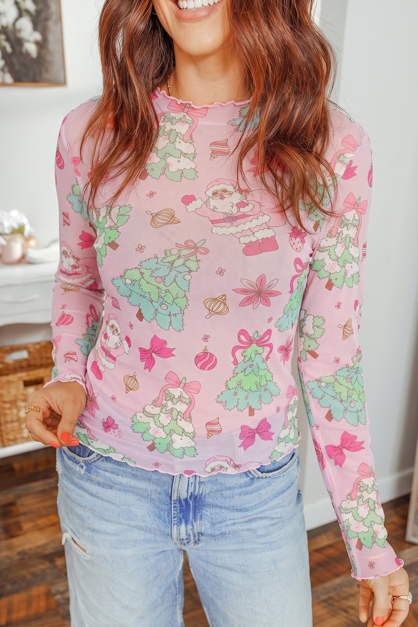 Pink Abstract Print Stand Neck Slim Fit Long Sleeve Top