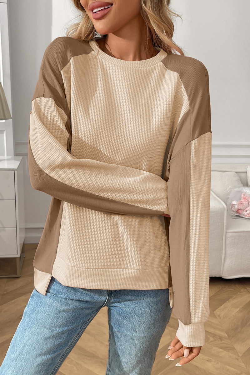 Colorblock Waffle Knit Crewneck Long Sleeve Top Women