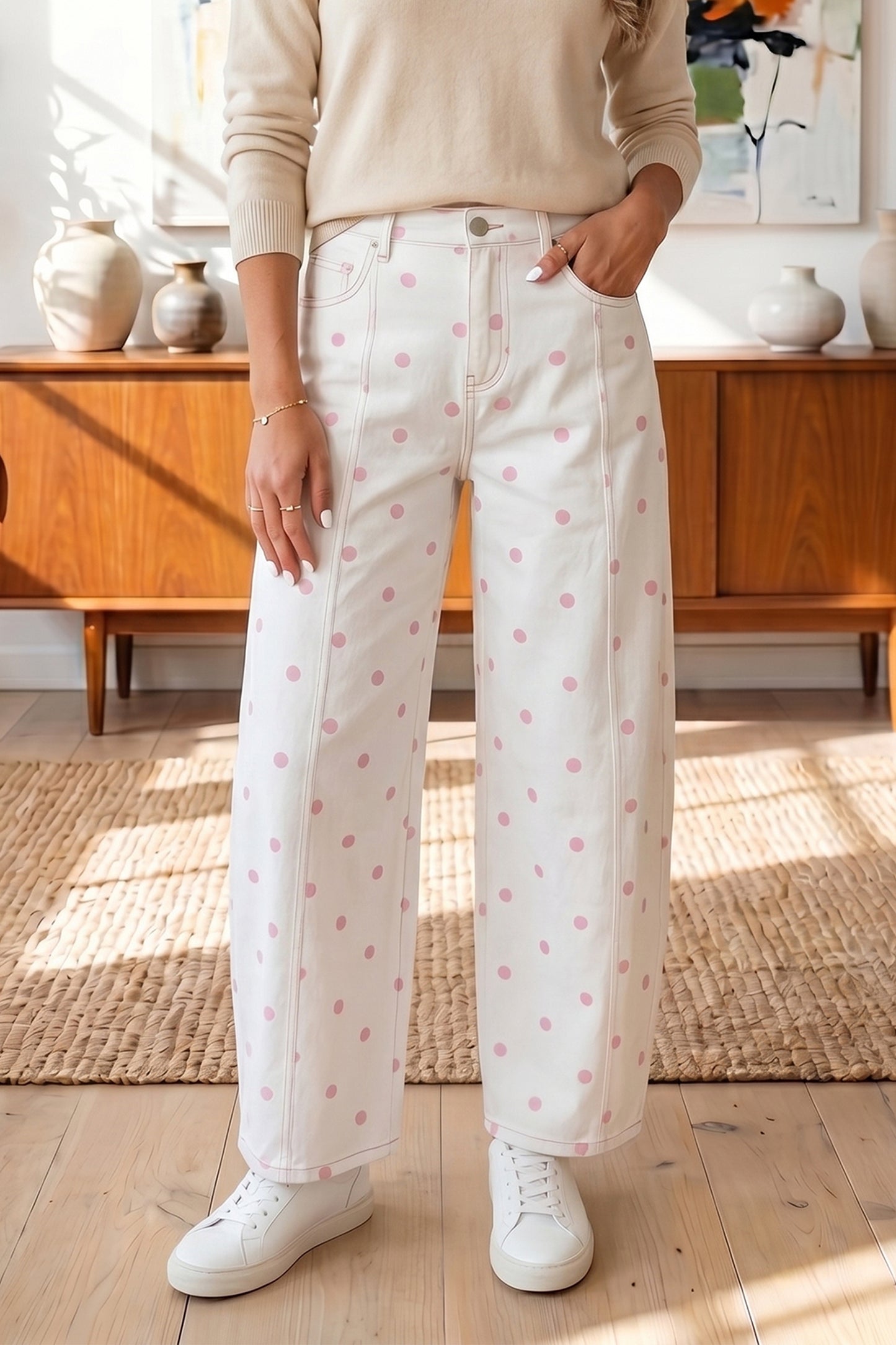 Polka Dot Cotton Jeans Casual High Waist Wide Leg