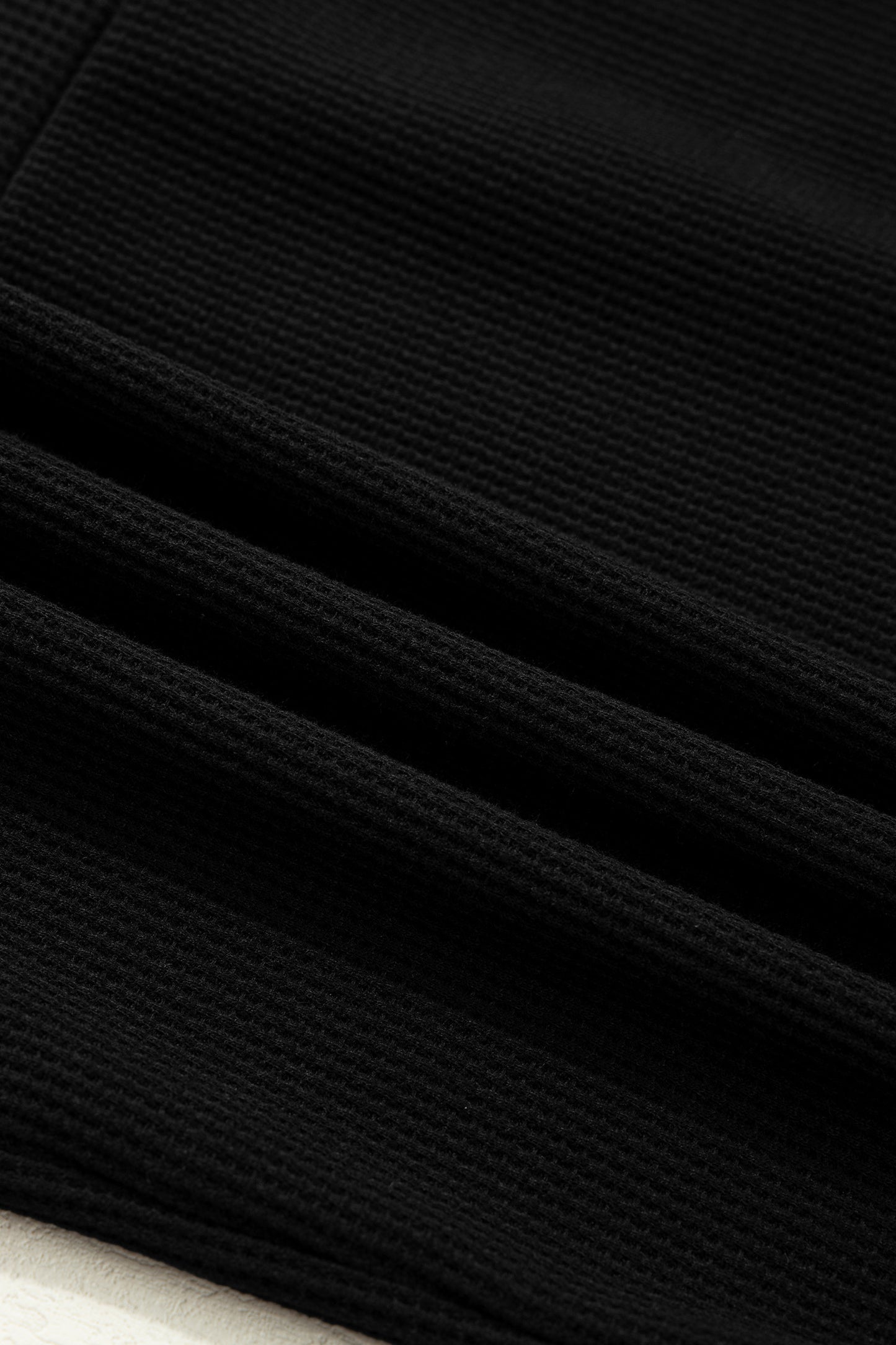 Black Textured Knit Denim Patchwork Button Polo Collar Long Sleeve Top