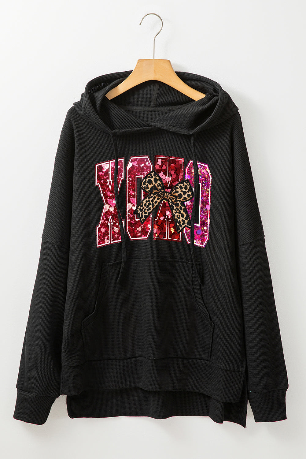 Valentine's Day XOXO Date Night Waffle Knit Fleece Lined Hoodie
