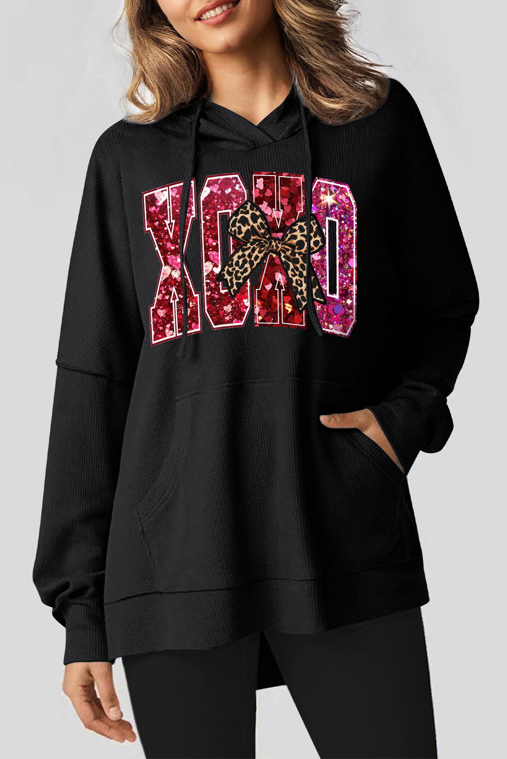 Valentine's Day XOXO Date Night Waffle Knit Fleece Lined Hoodie