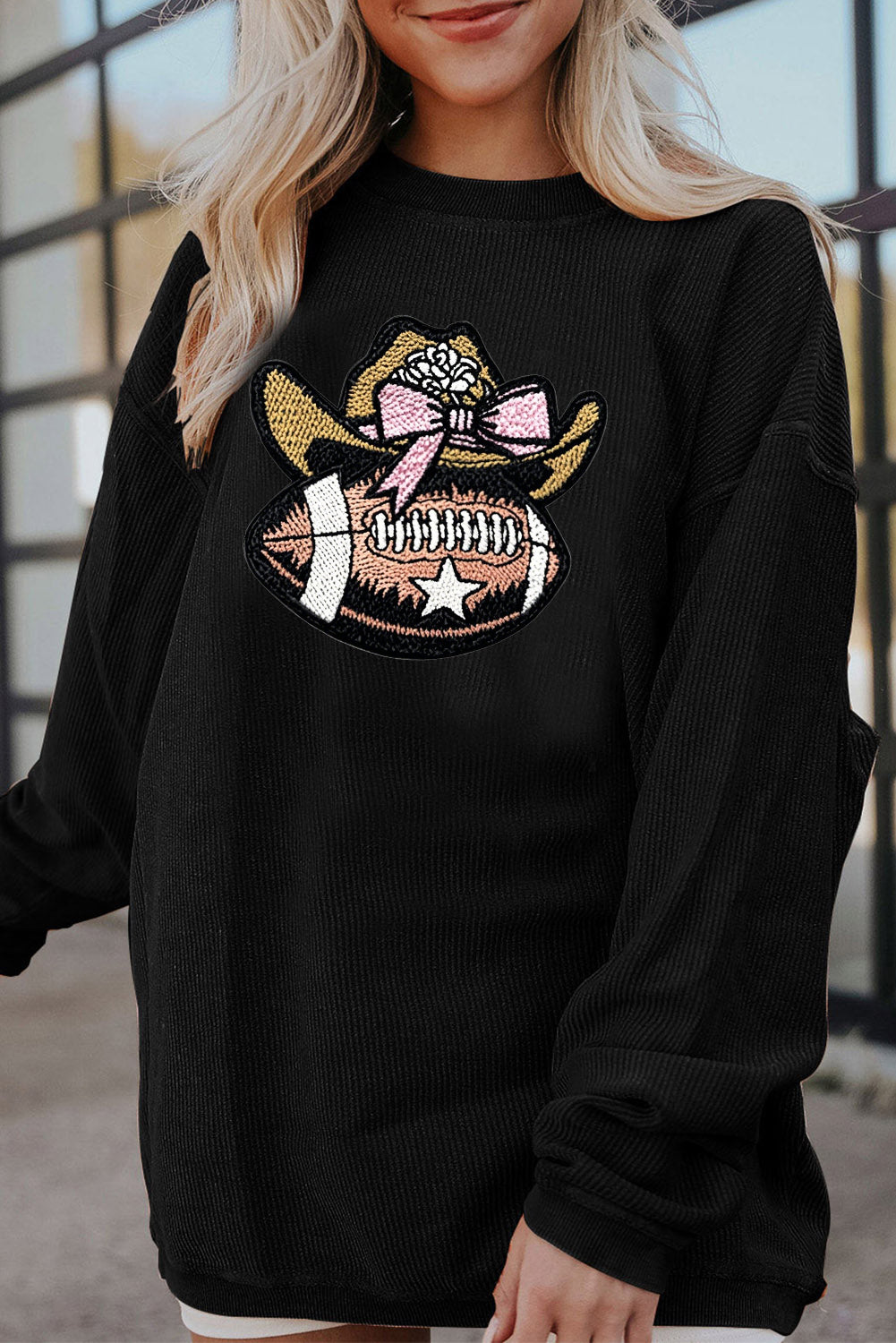 Oversized Ribbed Sweatshirt with Cowgirl Football Graphic