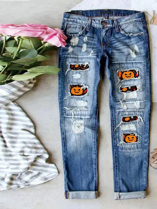Custom Distressed Patchwork Ripped Denim Jeans Women