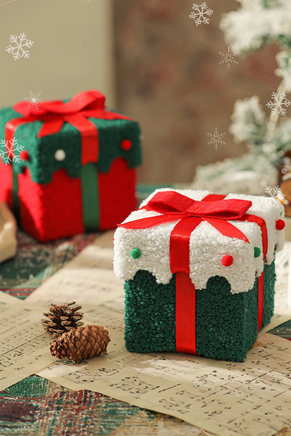 Fiery Red Bow Knot Pompom Detail Plush Christmas Gift Box