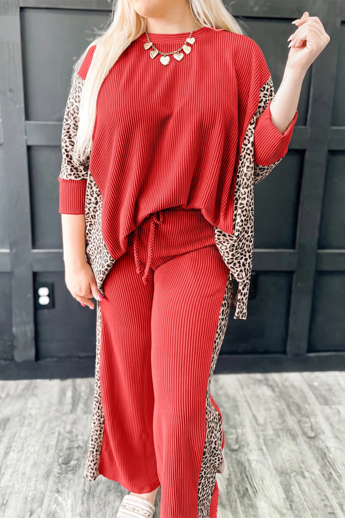 Parchment Leopard Print Twisted Ribbed Patchwork Long Sleeve Top Loose Pant Set