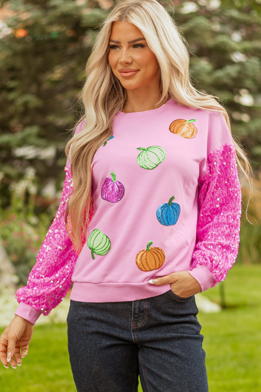 Pink Sequin Sleeve Pumpkin Pattern Thanksgiving Halloween Patchwork Pullover Top