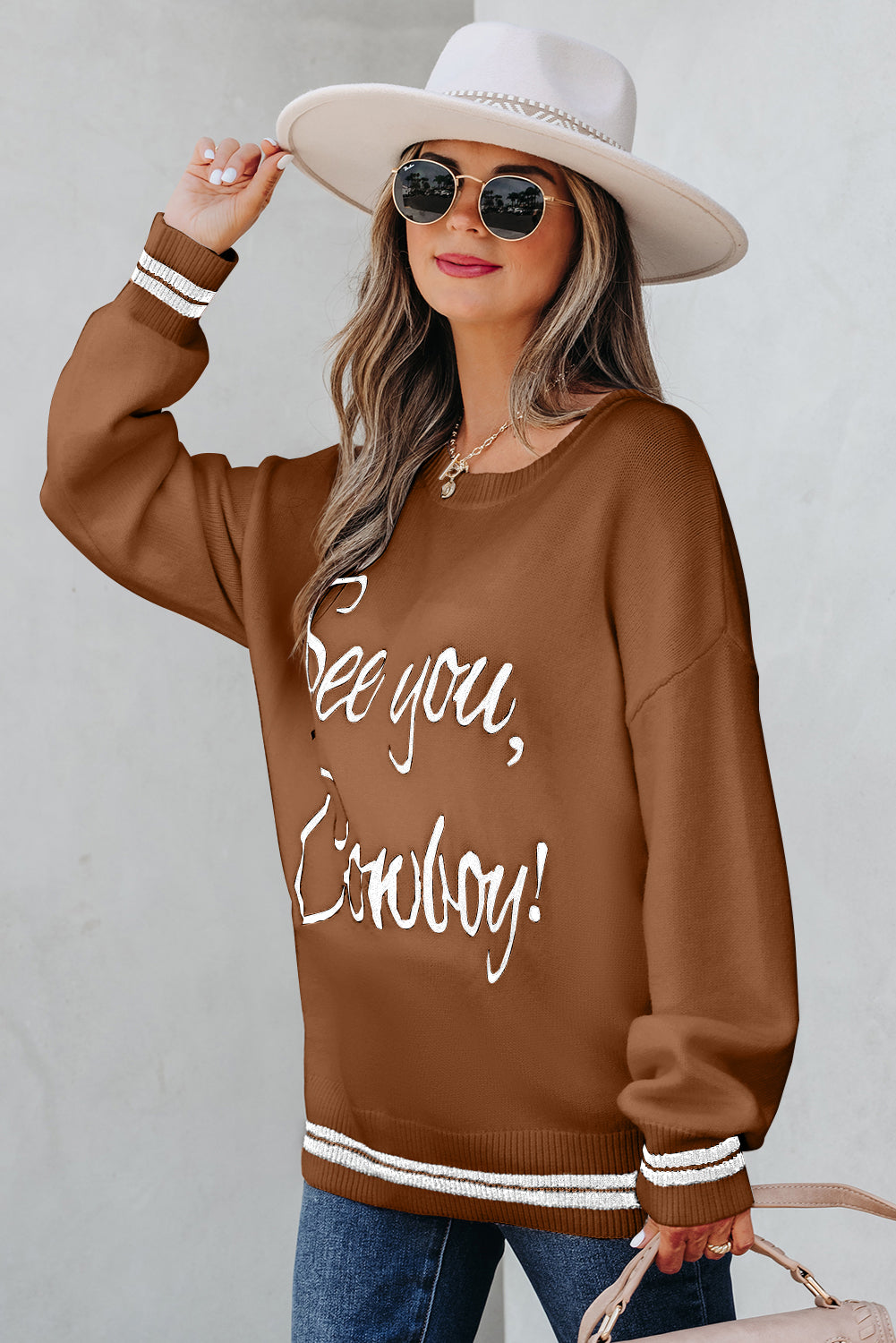 White See You Cowboy Embroidered Western Graphic Sweater