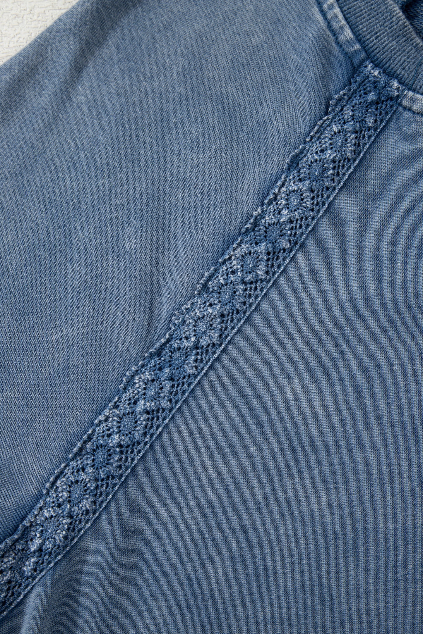 Lace Patchwork Detail Notched Neck Mineral Wash Baggy Sweatshirt