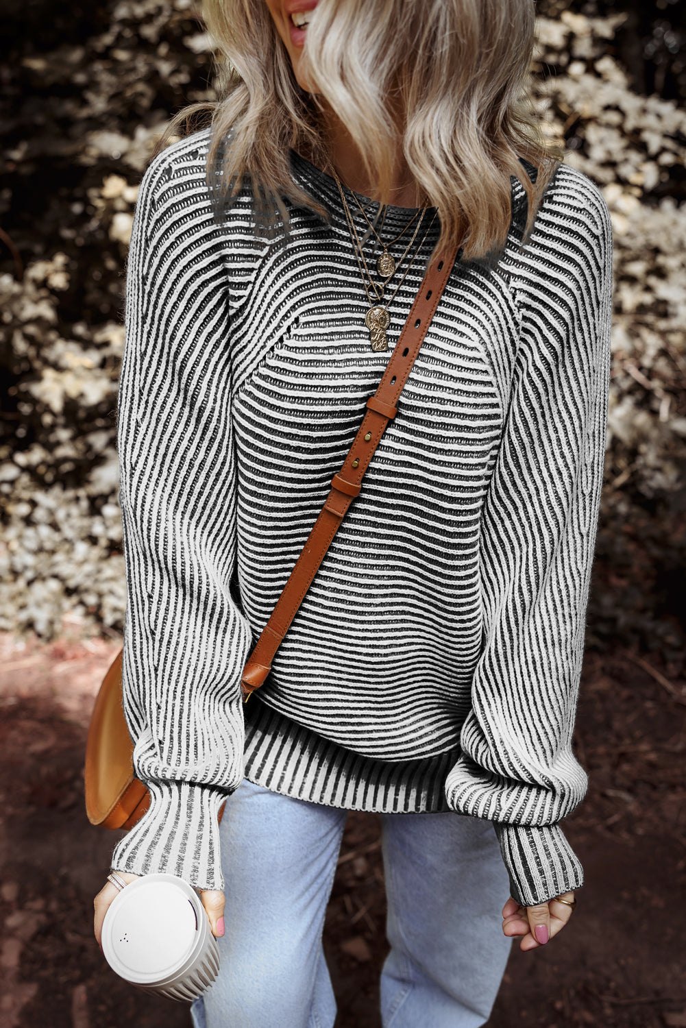 Ashleigh Blue Striped Print Ribbed Knit Boat Neck Baggy Sweater