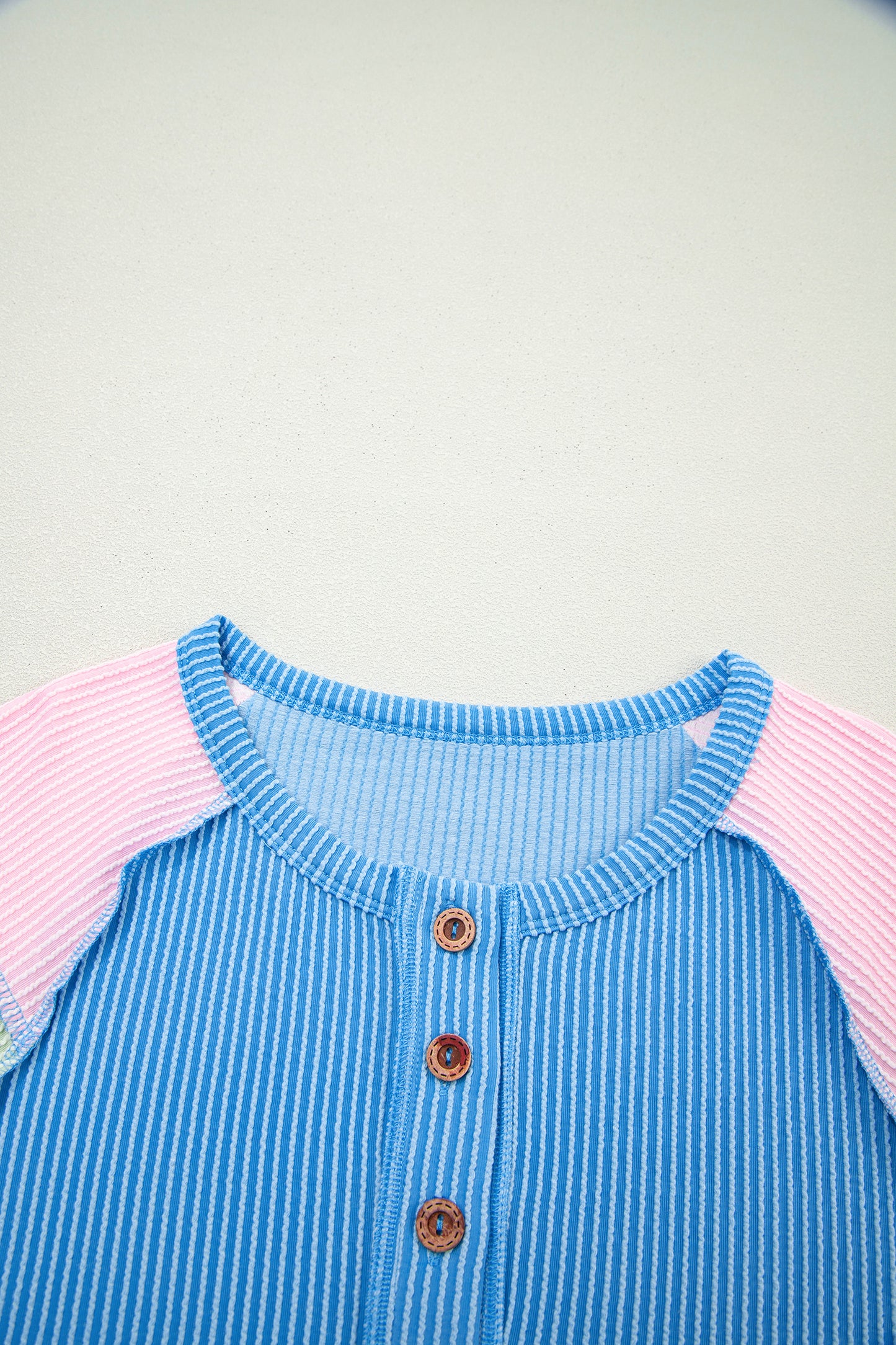 Bright Pink Twisted Ribbed Color Block Patchwork Henley Short Sleeve T Shirt