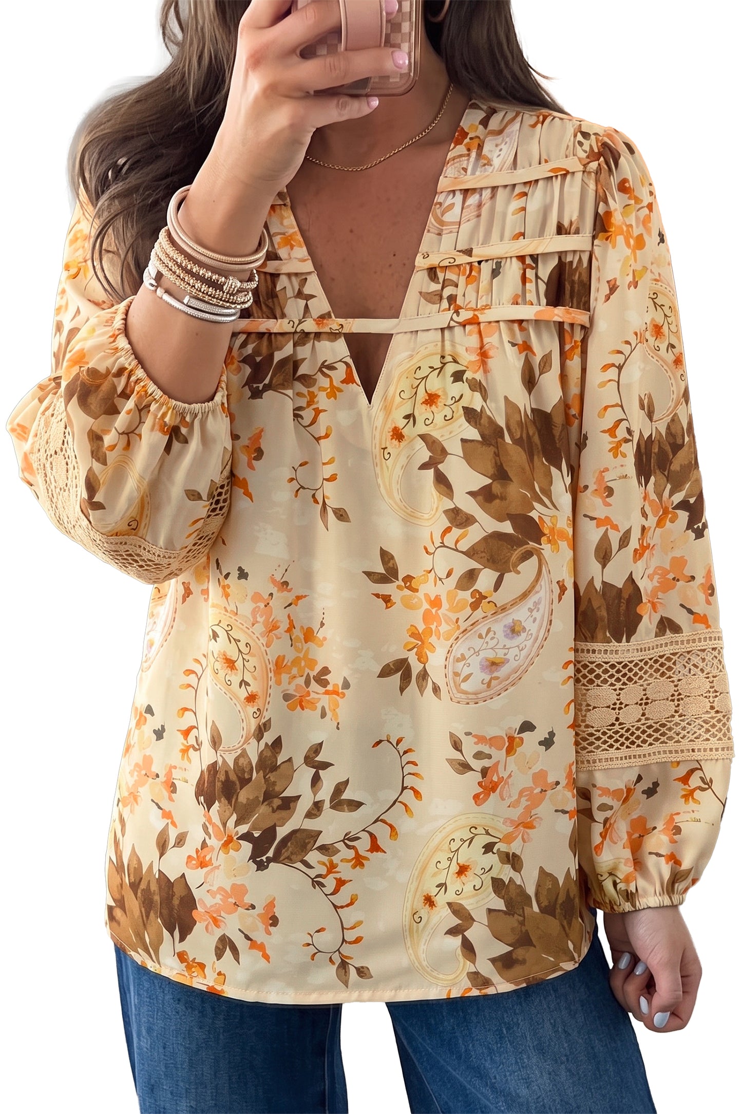 Khaki Paisley Print Decorative Binding Tape V Neck Shift Blouse