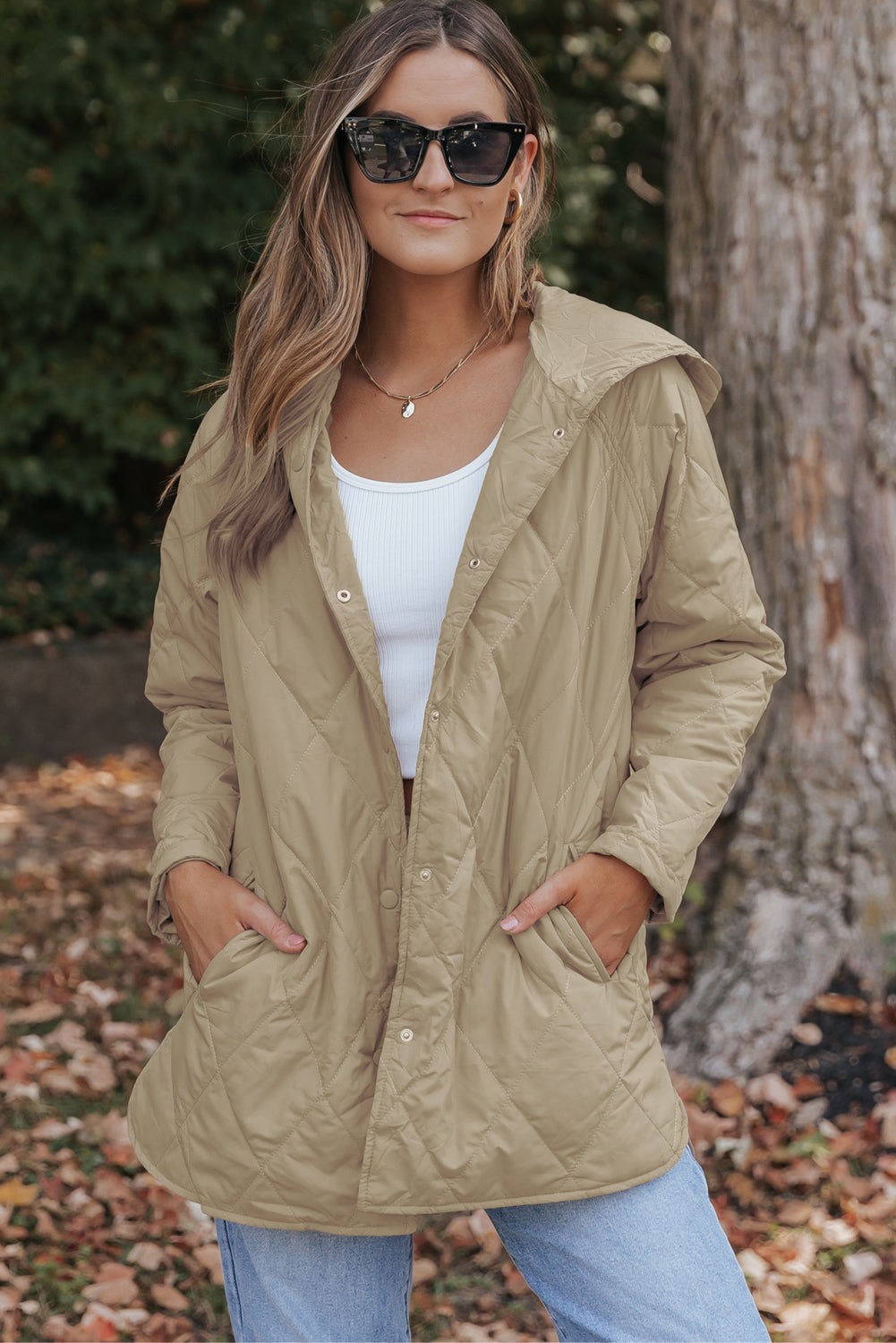 Beige Quilted Snap Button Hooded Coat