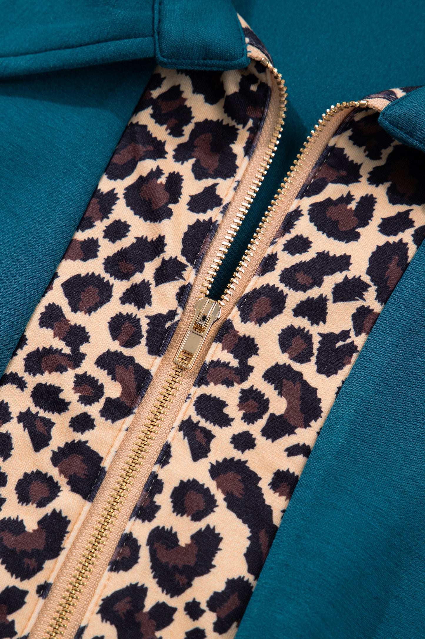 Sea Green Leopard Patchwork Detail Quarter Zip Collared Plus Size Mini Dress