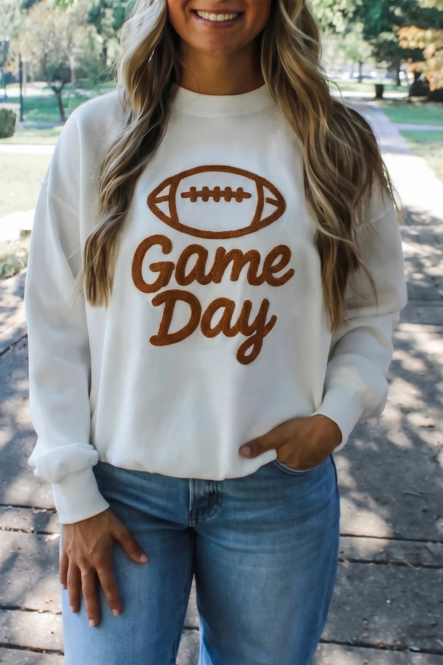 Embroidered Slogan Game Day Rugby Pattern Crewneck Sweatshirt
