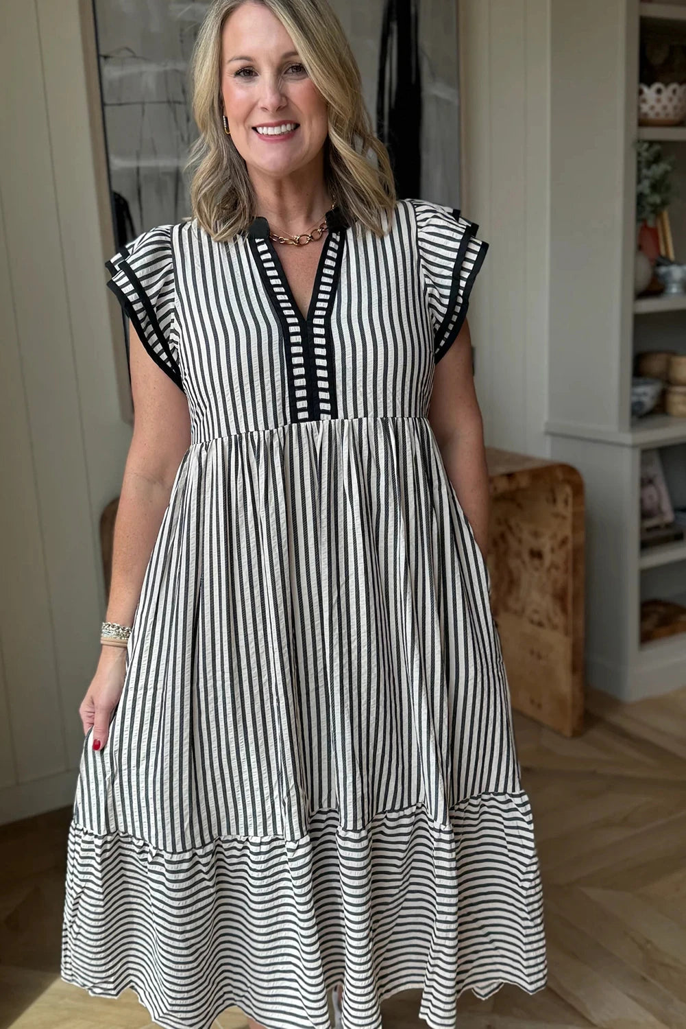 Stripe Double Ruffled Short Sleeve Contrast Trim V Neck Midi Dress