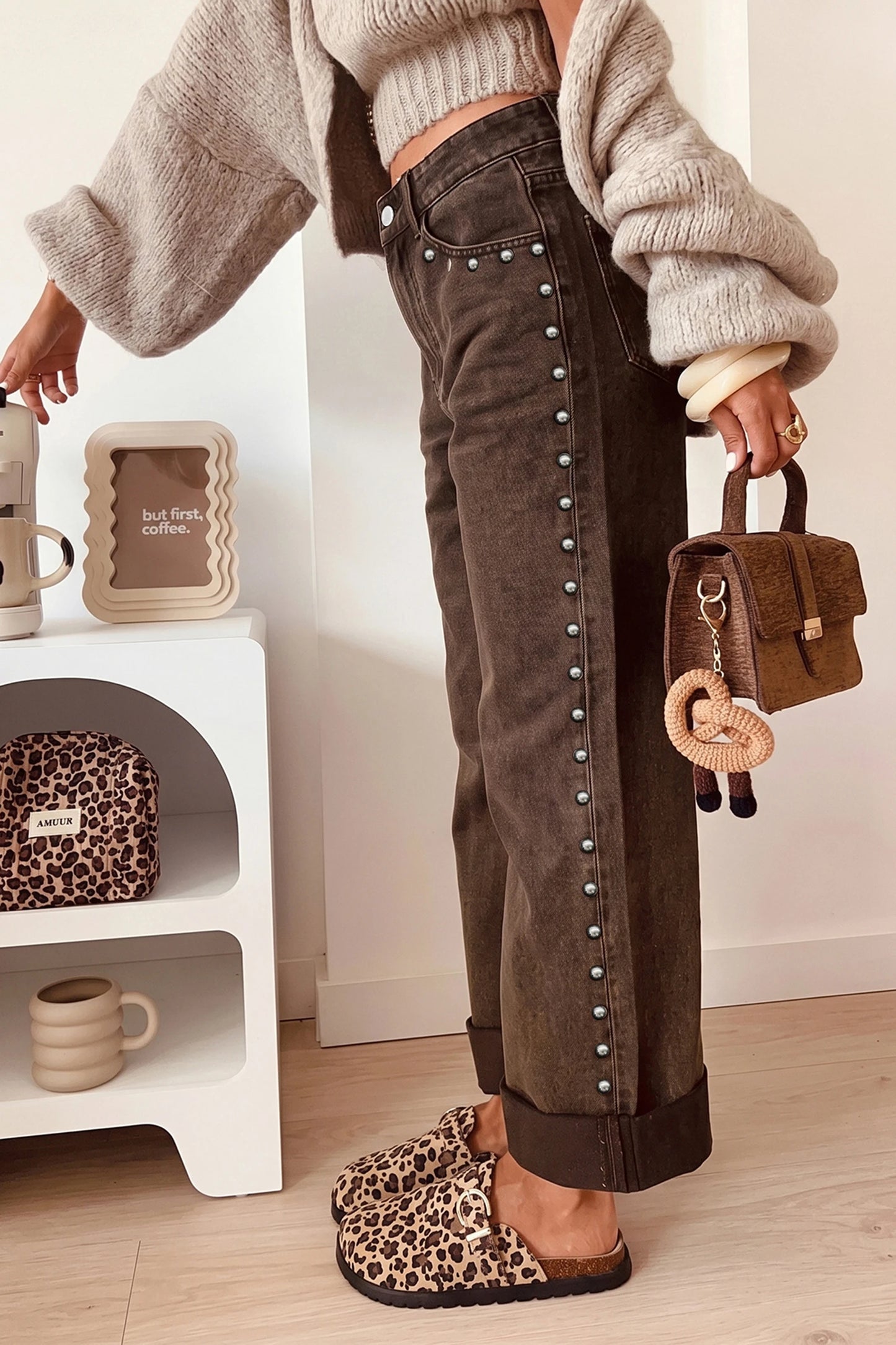 Black Studded Detail Straight Leg Casual Loose Jeans