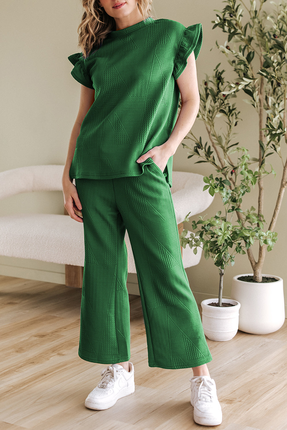 Ruffled Sleeve Summer Top and Cropped Loose Pants Set