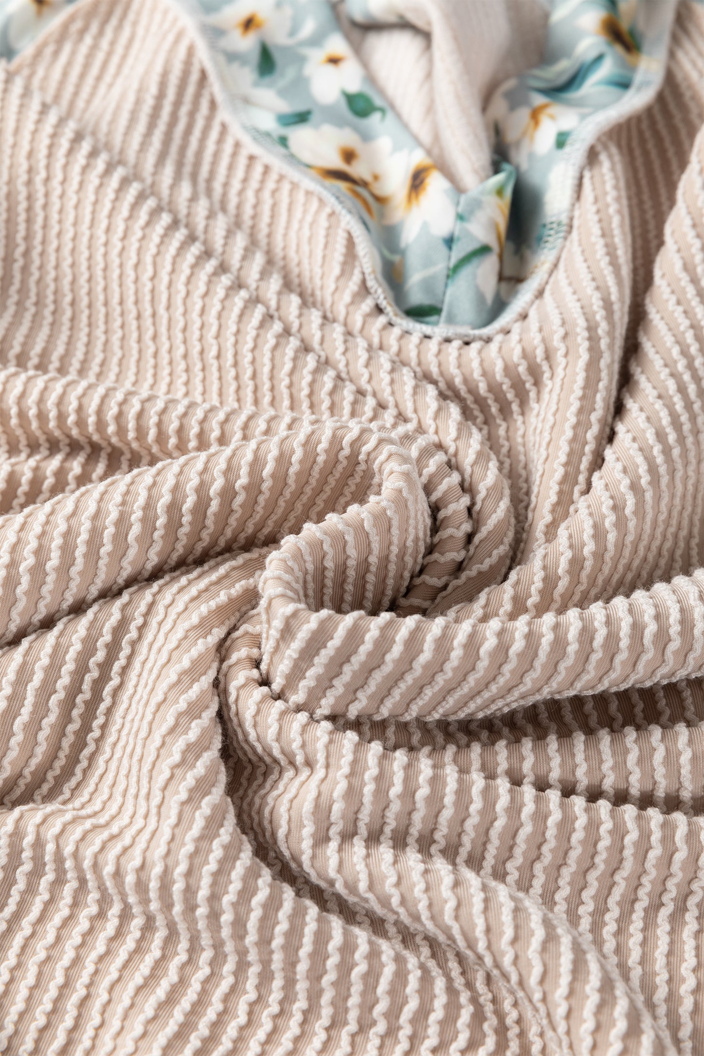 Parchment Twist Ribbed Floral Contrast Patchwork Long Sleeve Top