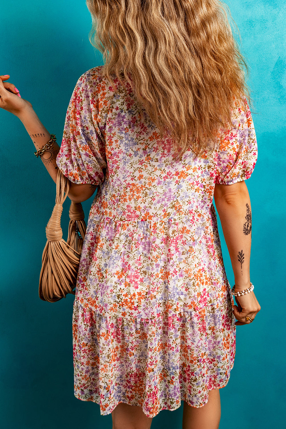 Red Floral Puff Sleeve Notched V Neck Tiered Mini Dress