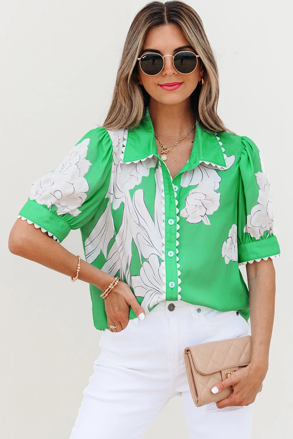 Floral Ric Rac Edge Puff Sleeve Button Up Summer Shirt