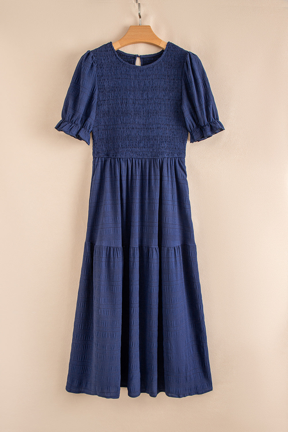 Sail Blue Solid Textured Smocked Puff Short Sleeve High Waist Long Dress