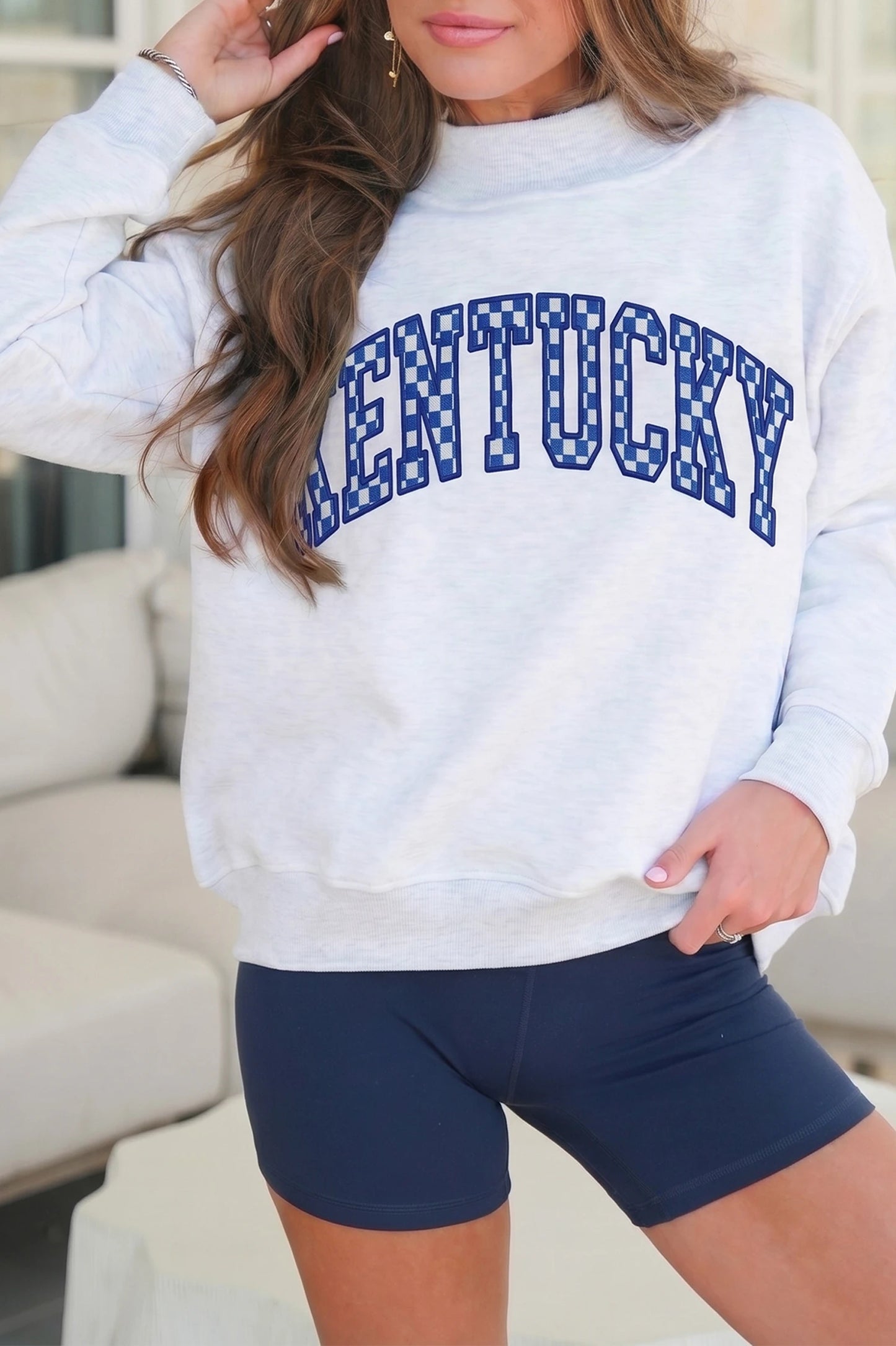 High Neck Embroidered Checkered Letter Game Day Sweatshirt